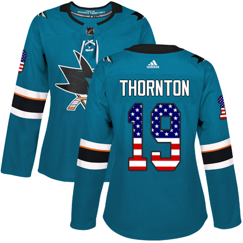 Adidas Sharks #19 Joe Thornton Teal Home Authentic USA Flag Women's Stitched NHL Jersey - Click Image to Close